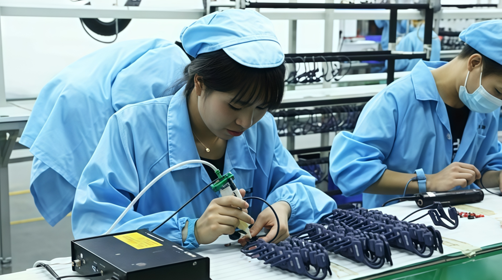 Home close up on a worker is gluing bone conducciton headphone