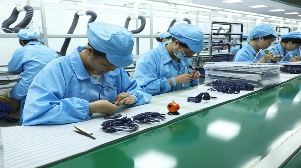 Home close up on production line assembling headphone