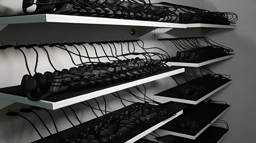 Home doahig factory production process many headphone are charging