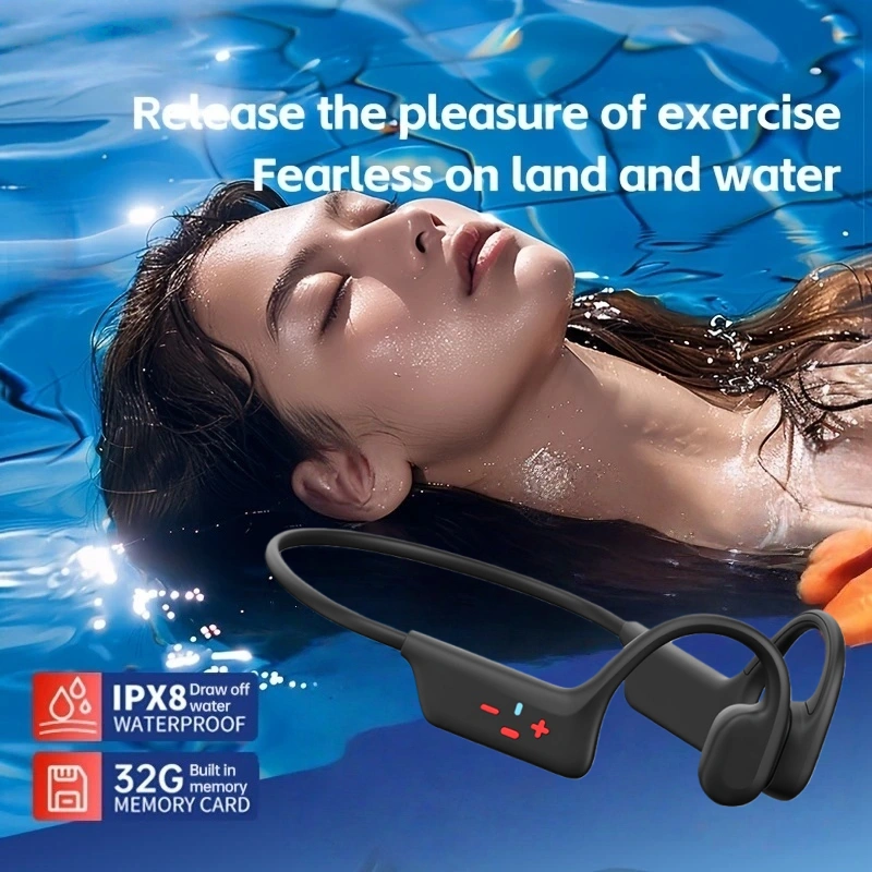 A swimmer wear bone conduction headphone s7 with label showing the features of S7 IPX8 waterproof and 32 GB memory card