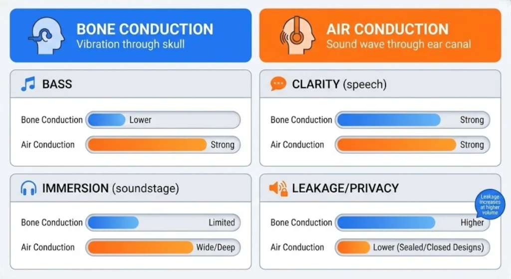 Bone Conduction vs Air Conduction Headphones sound quality infographic comparing bass, speech clarity, immersion (soundstage), and sound leakage/privacy.