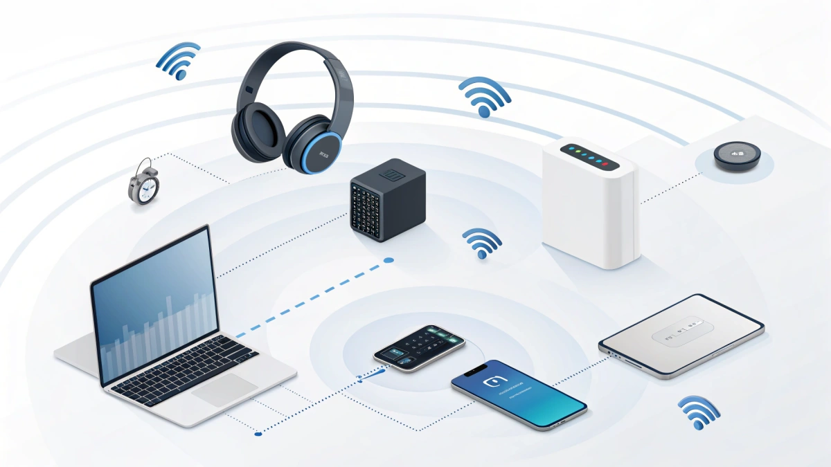 Conceptual illustration of Bluetooth wireless connections linking headphones, keyboard, smartwatch, speaker, and smartphone without cables.