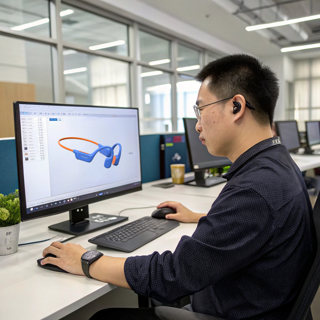 Staff in R&D department is desiging new model headphone