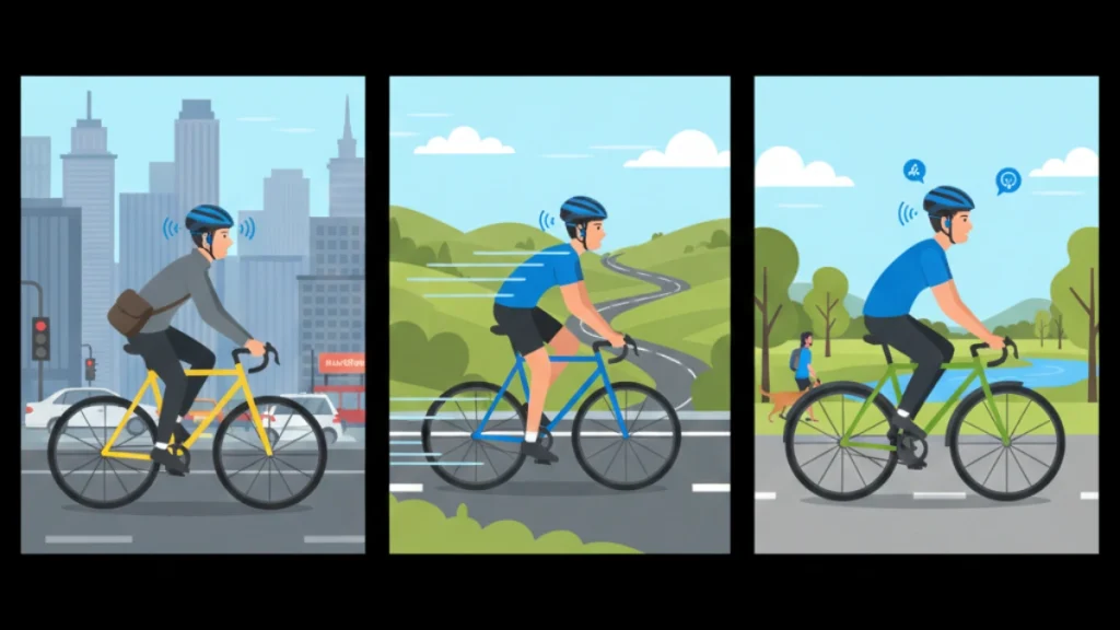 Three cycling scenarios—commuting, road riding, and recreational riding—using bone conduction headphones.
