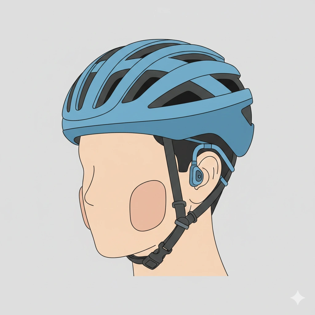 Close-up of a cycling helmet fit with low-profile bone conduction headphones sitting comfortably under the straps.
