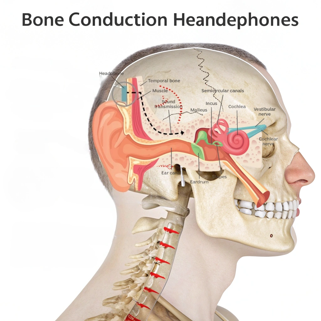 Are Bone Conduction Headphones Safe for Your Hearing? Diagram showing how bone conduction headphones transmit sound vibrations through cheekbones directly to the inner ear while keeping the ear canal open.