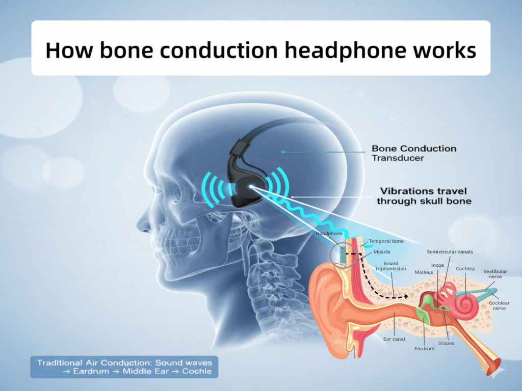 Advantages and Disadvantages of Bone Conduction Headphones Diagram showing how bone conduction headphones transmit sound vibrations through the skull to the inner ear cochlea