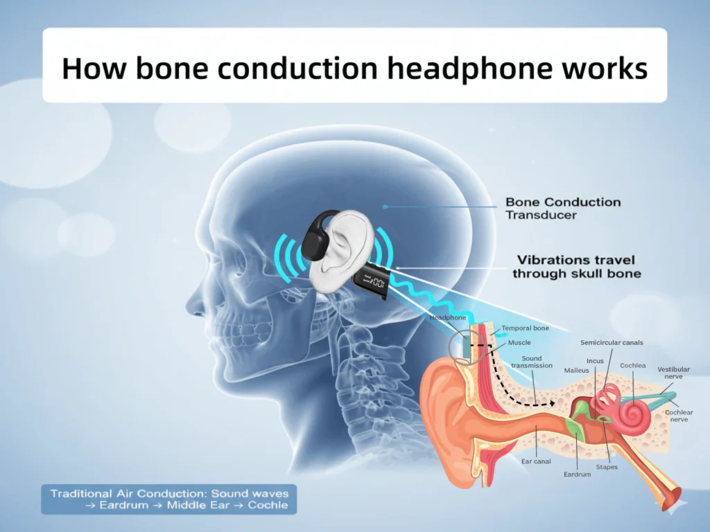 What Are Bone Conduction Headphones and How Do They Work? Diagram showing how bone conduction headphones transmit sound vibrations through the skull to the inner ear